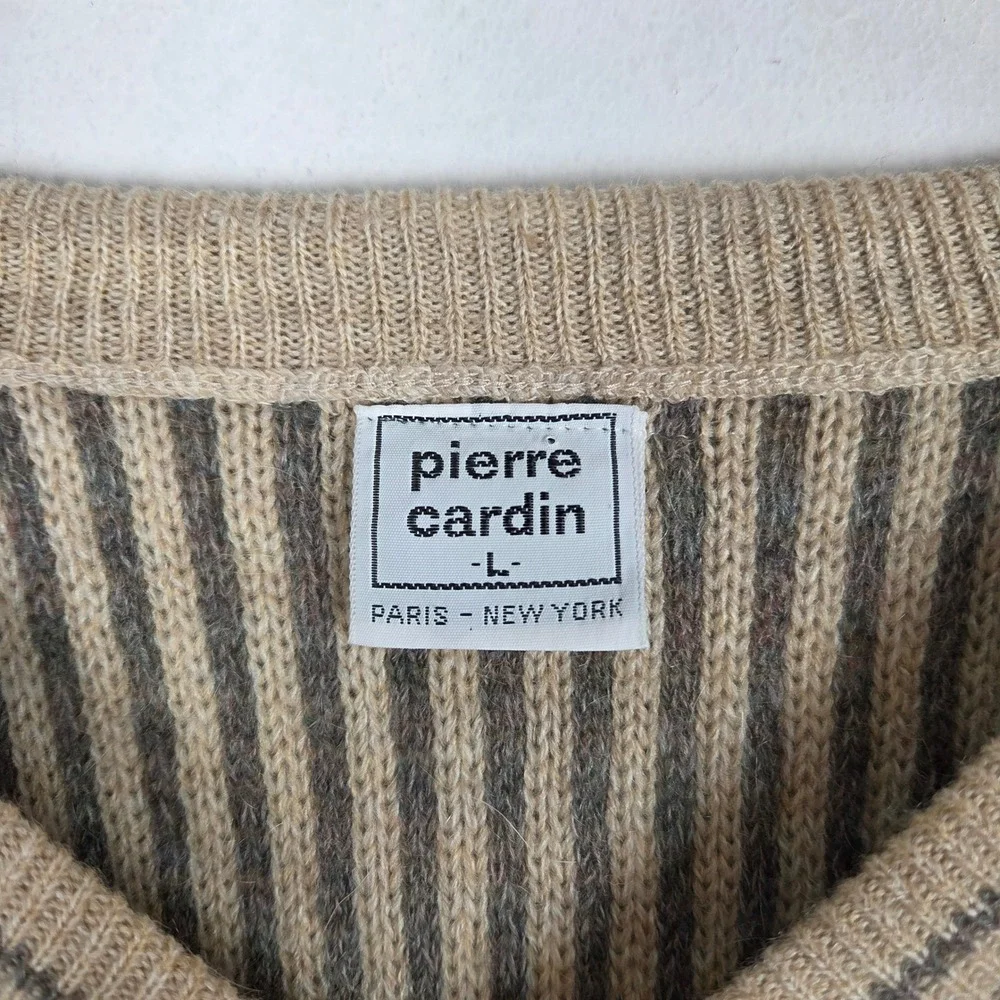 Vintage Pierre Cardin Men's V-Neck Sweater Tan Striped Knit Size L Preppy Casual
